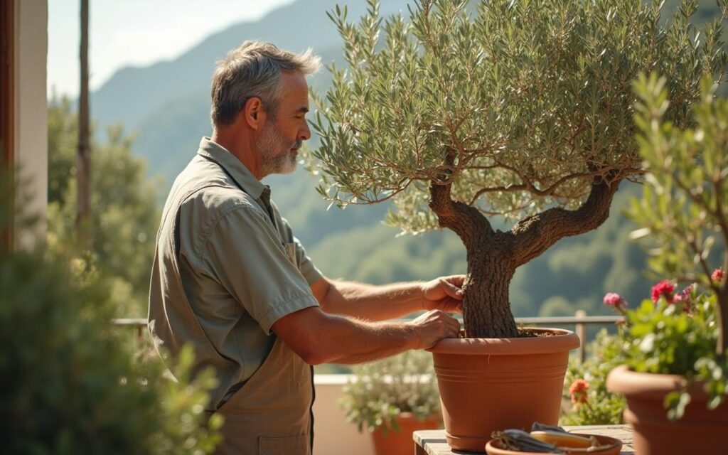 Un jardinier taille un olivier en pot sur une terrasse ensoleillée, entouré de plantes méditerranéennes.