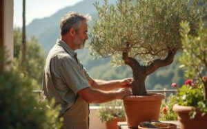 Un jardinier taille un olivier en pot sur une terrasse ensoleillée, entouré de plantes méditerranéennes.