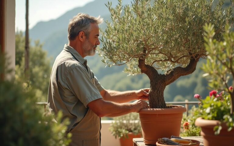 Un jardinier taille un olivier en pot sur une terrasse ensoleillée, entouré de plantes méditerranéennes.