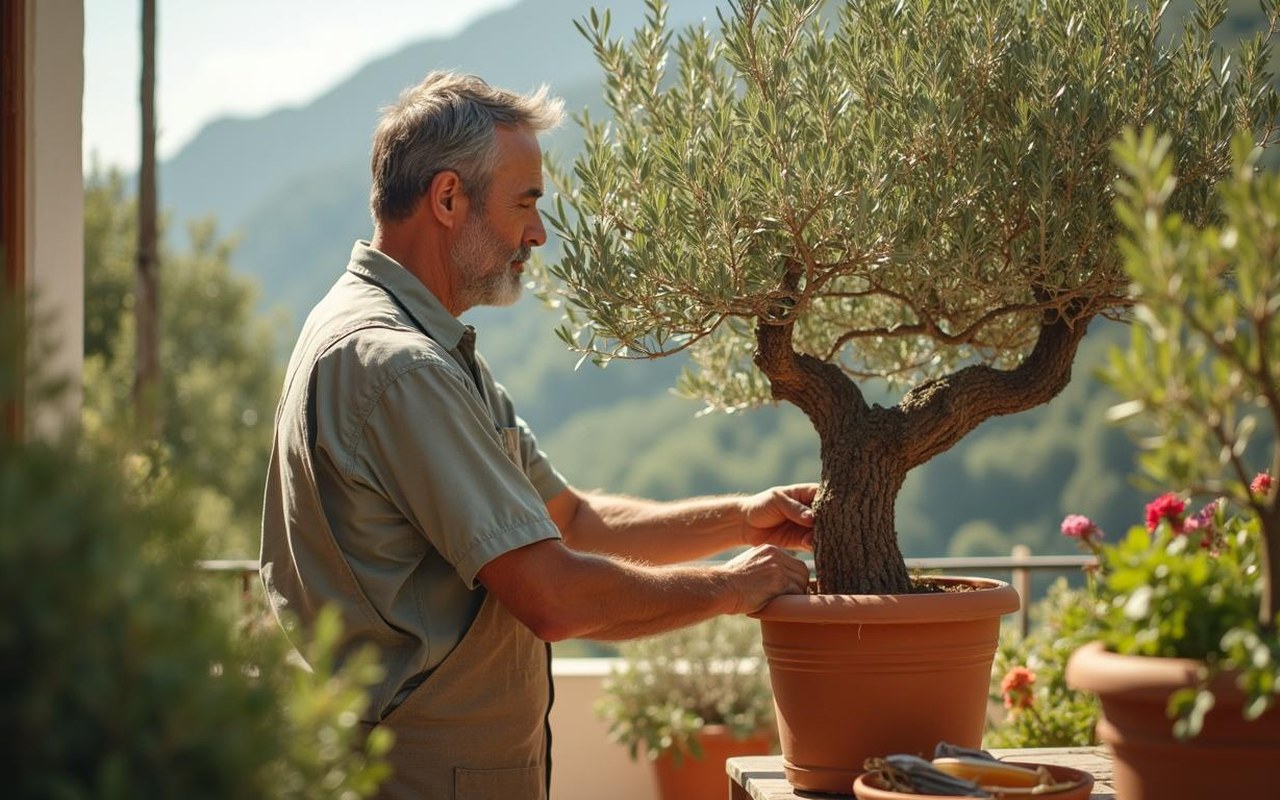 Un jardinier taille un olivier en pot sur une terrasse ensoleillée, entouré de plantes méditerranéennes.