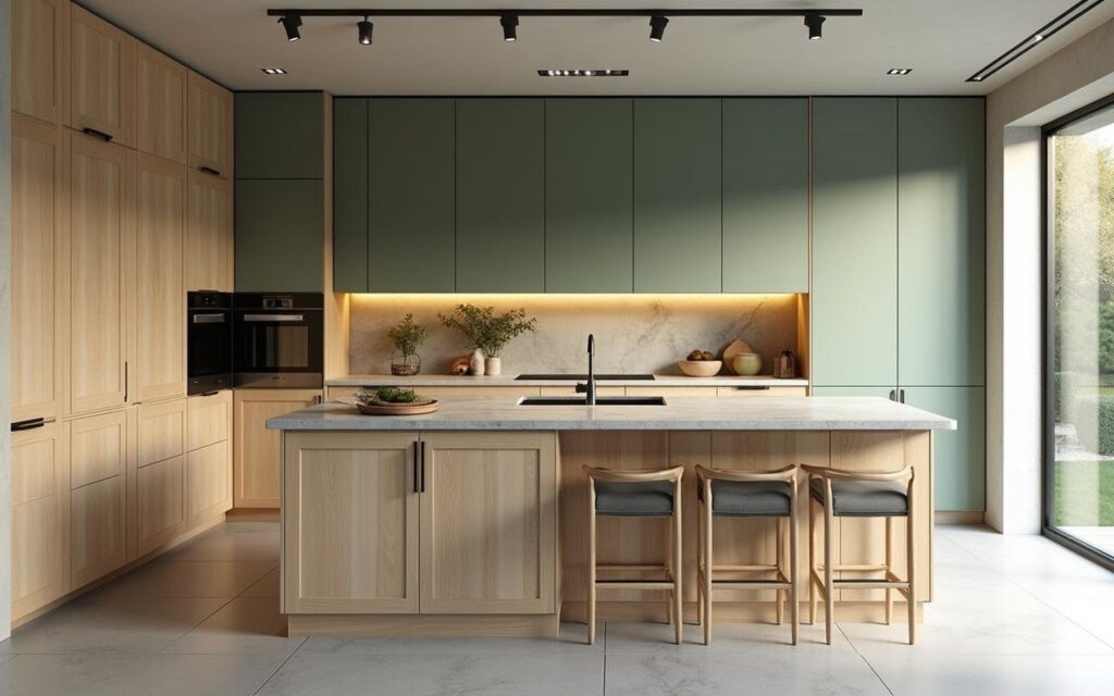 Cuisine moderne sur mesure avec îlot central et matériaux naturels.