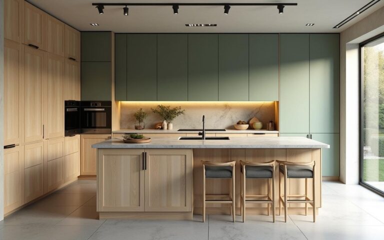 Cuisine moderne sur mesure avec îlot central et matériaux naturels.