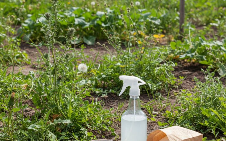 Désherbant naturel au vinaigre blanc dans un jardin avec des mauvaises herbes.