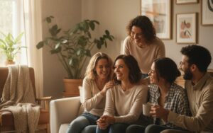 Femme brune bienveillante entourée d'amis, symbolisant soutien et loyauté.