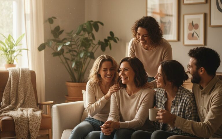 Femme brune bienveillante entourée d'amis, symbolisant soutien et loyauté.