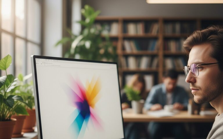 Personne concentrée sur un écran d'ordinateur avec des lentilles progressives dans un bureau lumineux.