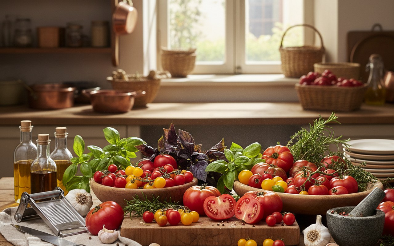 Comptoir de cuisine avec des tomates variées et des ingrédients frais pour des recettes savoureuses.