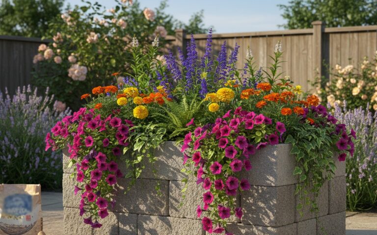 Jardinière en parpaing remplie de plantes colorées dans un jardin ensoleillé.