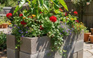 Jardinière en parpaing remplie de plantes dans un jardin ensoleillé.