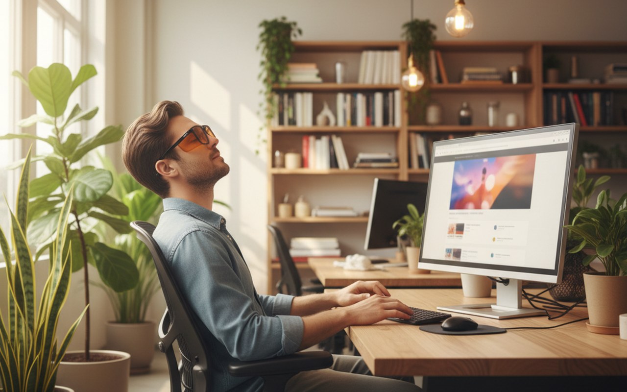 Personne avec des lunettes de repos au bureau, soulageant la fatigue visuelle.