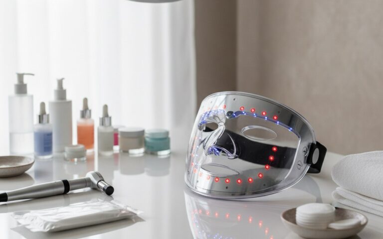 Masque LED visage sur une table de dermatologie avec des outils médicaux.