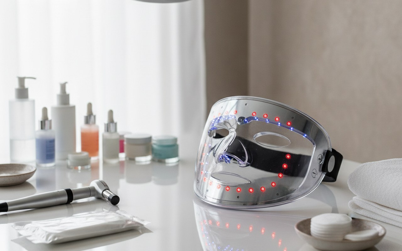 Masque LED visage sur une table de dermatologie avec des outils médicaux.