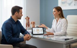 Consultation sur la liposuccion entre un chirurgien et un patient dans un cabinet médical.
