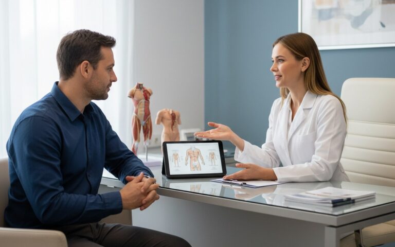 Consultation sur la liposuccion entre un chirurgien et un patient dans un cabinet médical.