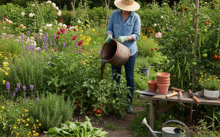 Un jardinier utilise du purin de consoude dans son jardin, illustrant la pratique du jardinage naturel.