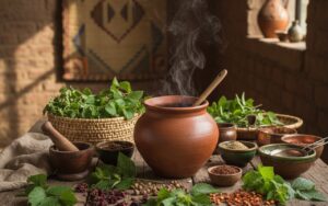 Préparation de tisanes traditionnelles avec des plantes africaines pour faciliter l'accouchement.