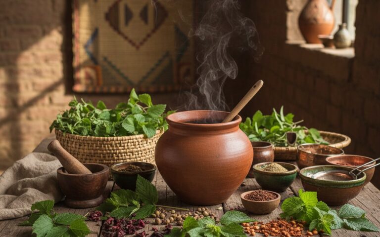 Préparation de tisanes traditionnelles avec des plantes africaines pour faciliter l'accouchement.