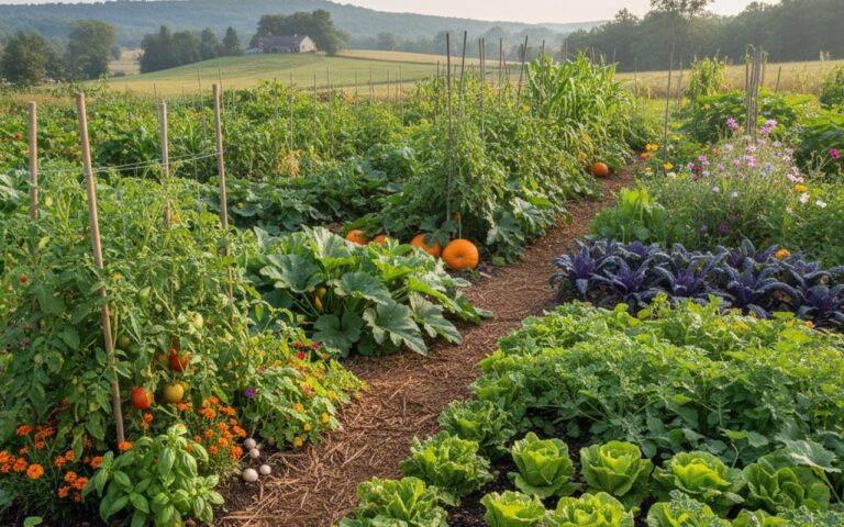 Jardin potager avec des légumes en association, illustrant le compagnonnage.