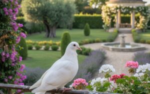 Une tourterelle seule sur un balcon fleuri, symbole de paix et de solitude.