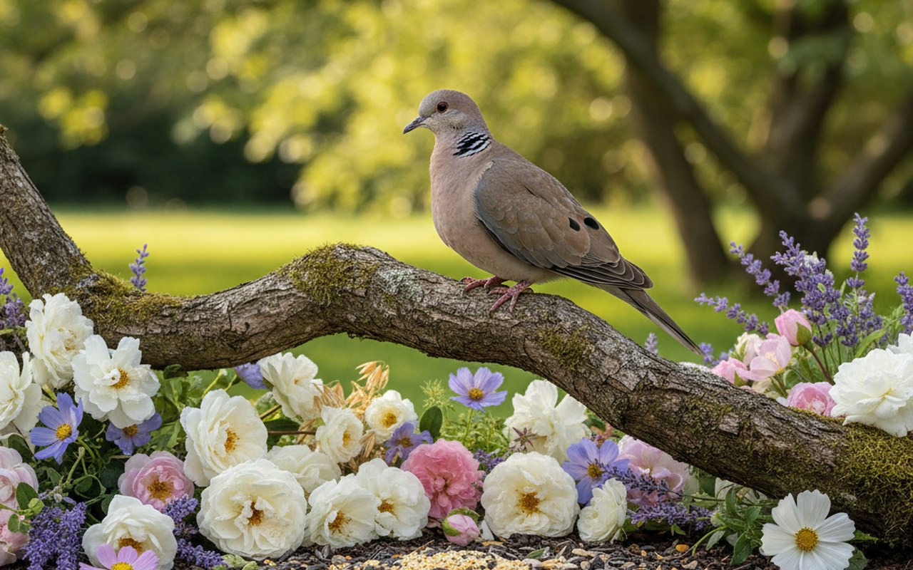Tourterelle dans un jardin verdoyant, symbole de paix et d'harmonie.