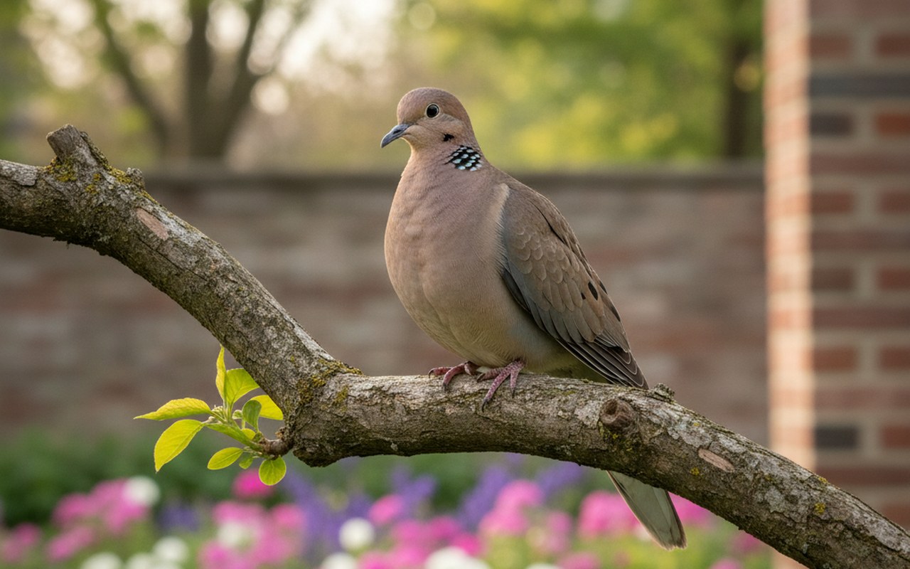 Tourterelle triste perchée dans un jardin urbain, illustrant son habitat adapté.