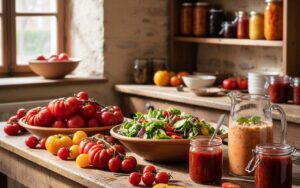 Cuisine ensoleillée avec des tomates fraîches et des plats préparés anti-gaspillage.