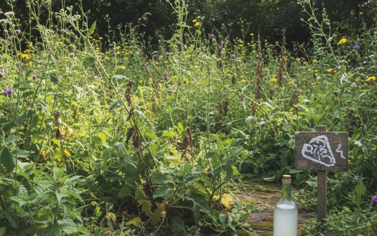 Un jardin en désordre avec des mauvaises herbes et un flacon de vinaigre blanc interdit comme désherbant.