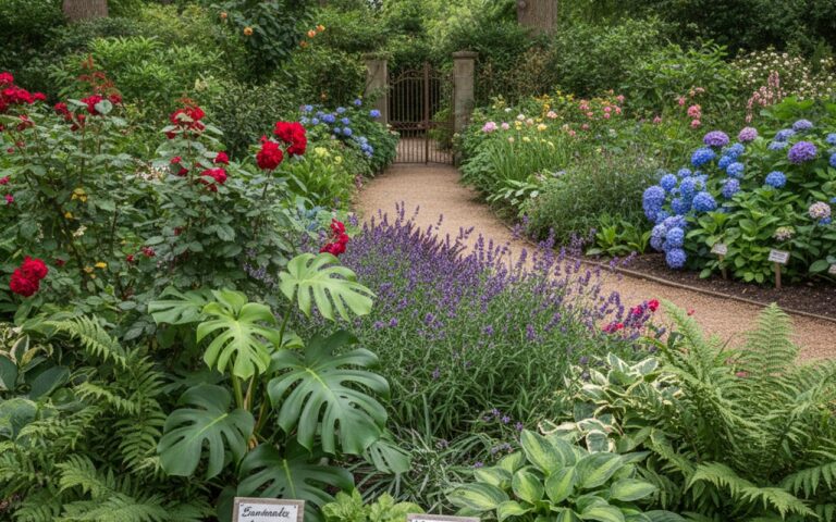 Scène de jardinage avec des étiquettes de plantes et différentes espèces végétales.