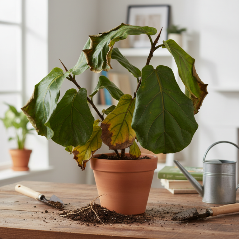 Illustration réaliste sur Plante qui meurt après rempotage : comprendre le choc racinaire