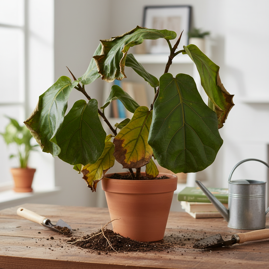 Illustration réaliste sur Plante qui meurt après rempotage : comprendre le choc racinaire