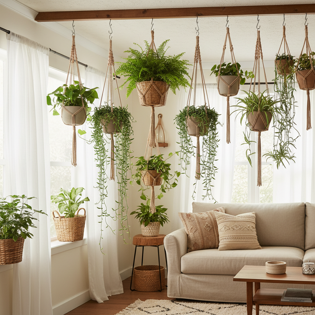 Illustration réaliste sur Plantes suspendues : transformez votre intérieur en oasis verte