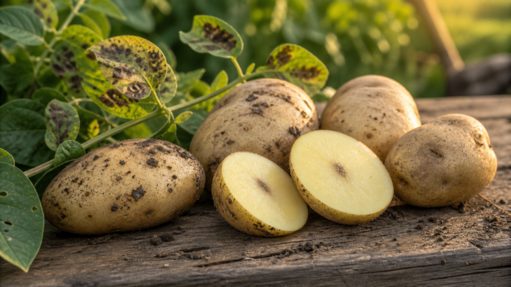 Pommes de terre coupées avec petites taches noires et feuilles tachées au potager