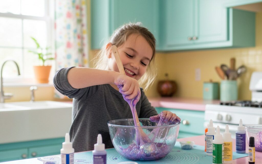 Un enfant s'amusant à préparer du slime dans une cuisine colorée.